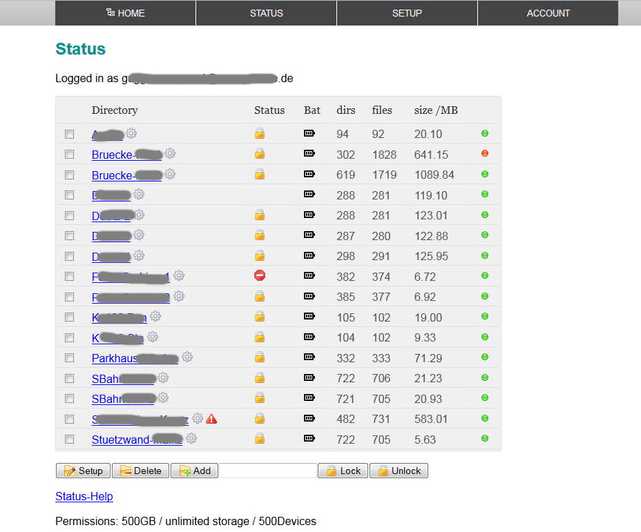 Status Page of dataloggers